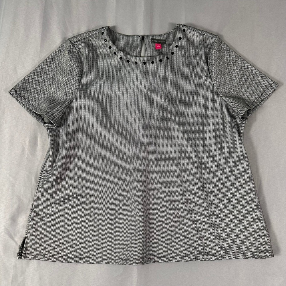 Vince Camuto Womens Blouse Large Herringbone Studded Neck Blouseā Black White